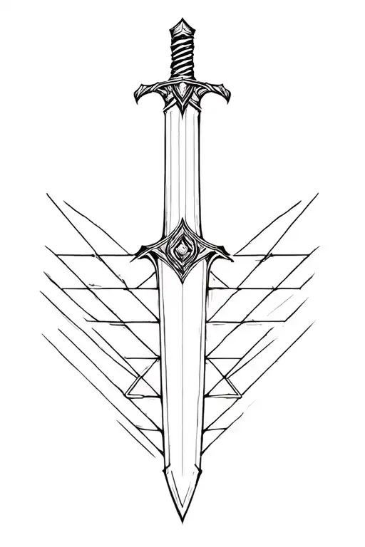 Sword With Geometric Triangles Overlapping Bottom Of Blade