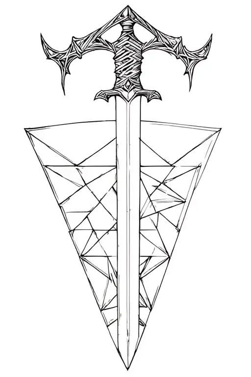 Sword With Geometric Triangles Overlapping Bottom Of Blade