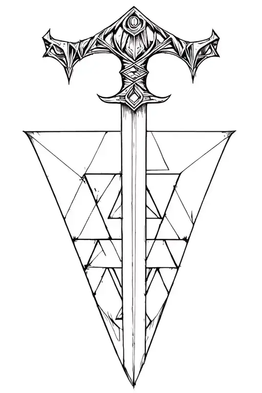 Sword With Geometric Triangles Overlapping Bottom Of Blade