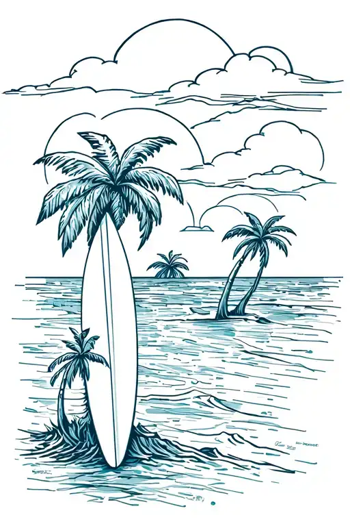 Palm Trees With A Surfboard Leaned Up Against Them And A Sunset In The Back