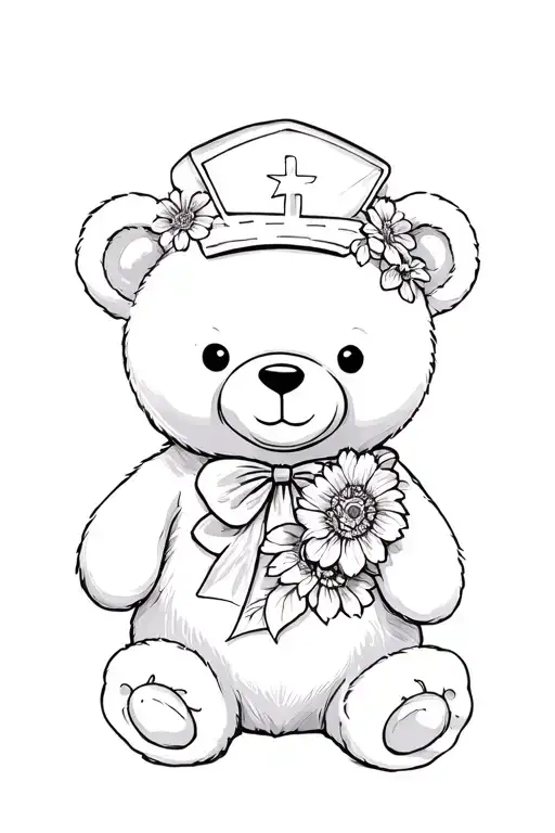 Teddy Bear With An Old Nursing Cap And Some Flowers In Black And Grey