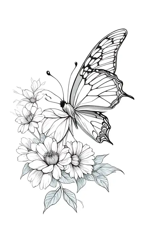 Flowers And Butterfly Perched