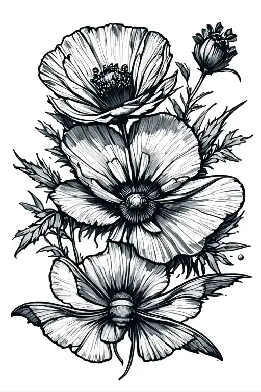 Moth And Wild Poppy Flower