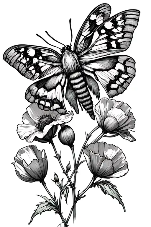 Moth And Wild Poppy Flower Growing