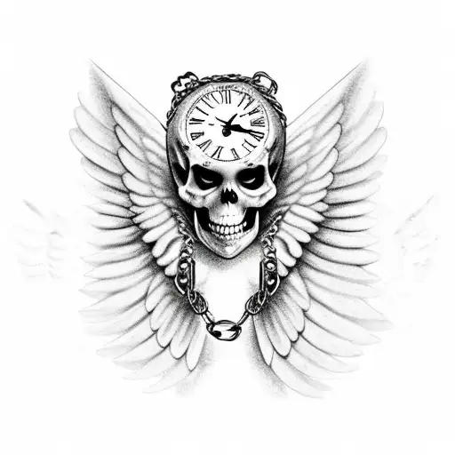 Angel Wing With Skeleton Hand Wrapped In Chains Holding Hourglass