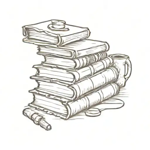 A Sketch-style Tattoo Of A Stack Of Books With A Coffee Mug Resting On Top