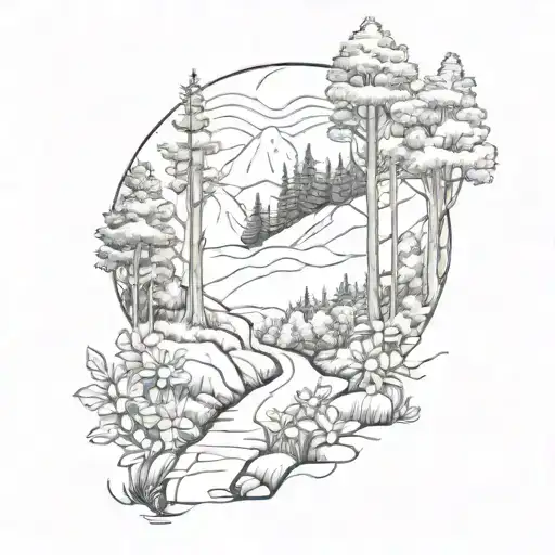 A Sketch Style Tattoo Of A Hiking Trail Winding Through A Forest Of Blooming Flowers