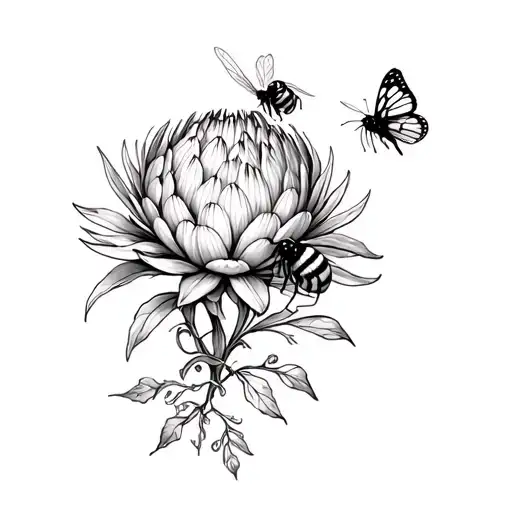 Protea Flower And Bee And Butterfly Wrapped As A Vine