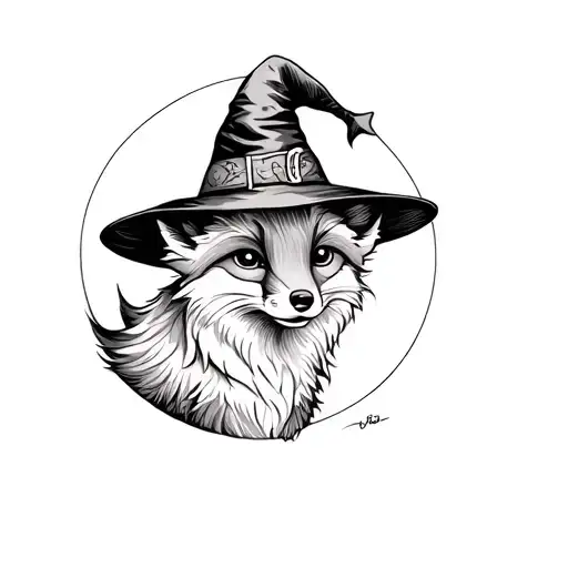 Cute Fox In A Witch Hat Against The Background Of The Moon