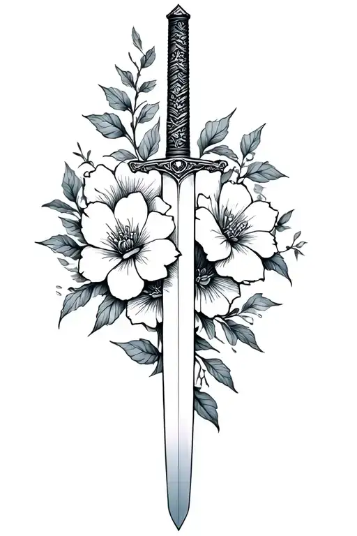 Katana And Flowers Fine Line