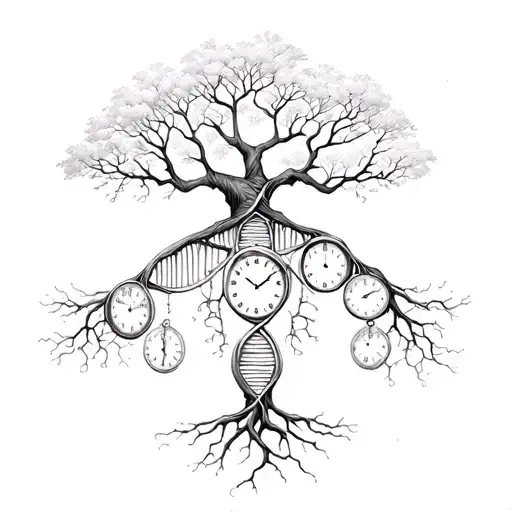 Tree Of Life That Roots Turn Into Dna Strand And 2 Clocks Woven Into Dna Strand