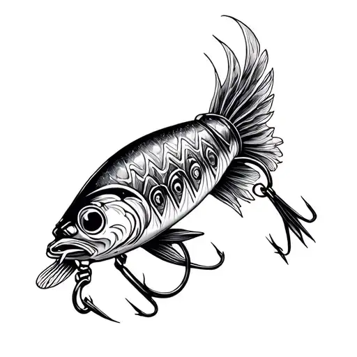 A Detailed Blackwork Tattoo Of A Fishing Lure With Intricate Patterns Inspired By Car Engine Parts