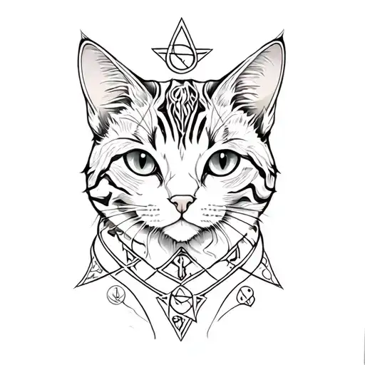 A Sketch Tattoo Of A Cat Familiar With Elements Of Witchcraft Symbols Intertwined In The Design