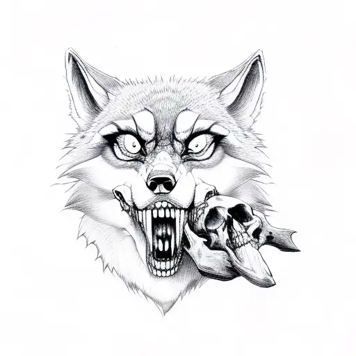 Evil Looking Wolf With Skull In Mouth