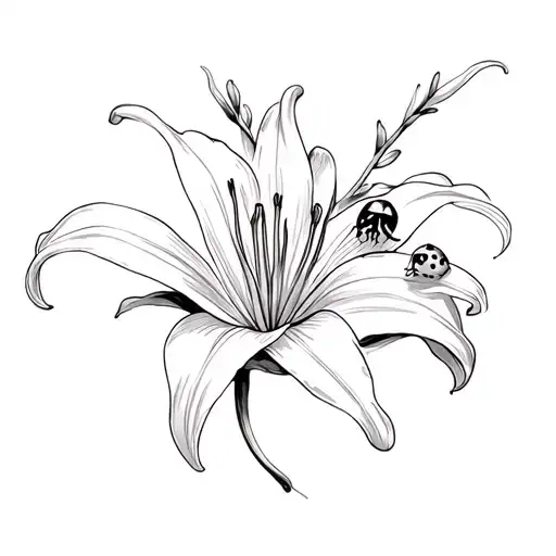 Fine Line Oriental Lily Flower With A Ladybug On The Petal