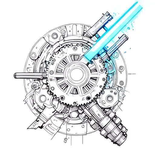 A Star Wars Themed Tattoo With A Lightsaber Made Of Gears And Mechanical Parts