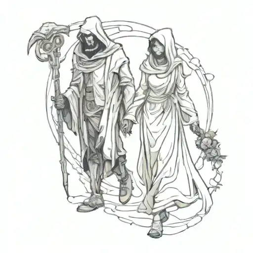 A Drawing Of A Girl And Sad Reaper Walking Holding Hands