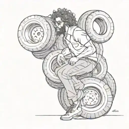 Tire Store Owner Climbing Out Of A Stack Of Tires Who Has Curly Hair A Beard And Glasses