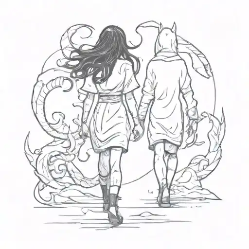 A Girl And A Shadow Demon Walking Side By Side Holding Hands