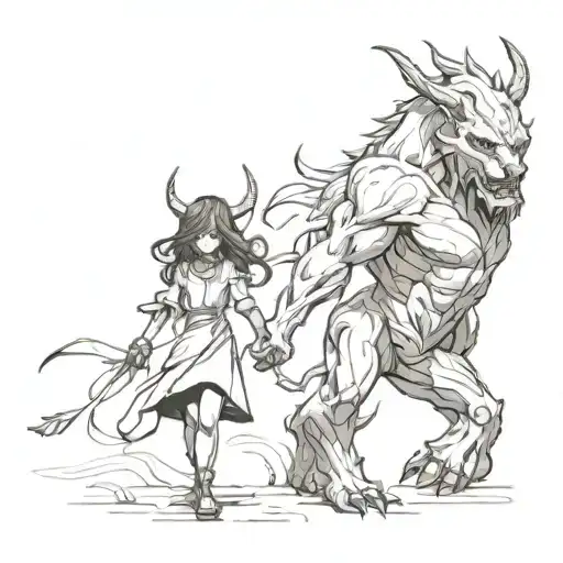 A Girl And A Beast Demon Walking Side By Side Holding Hands