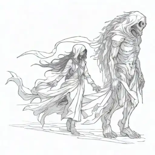 A Girl And A Shadpwy Reaper Walking Side By Side Holding Hands