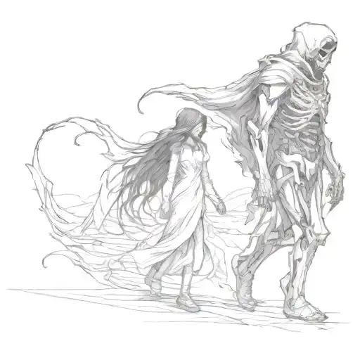 A Girl And A Shadpwy Reaper Walking Side By Side Holding Hands