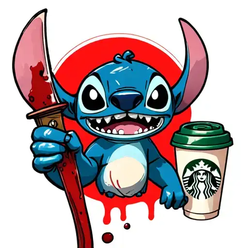 Stitch Holding A Bloody Knife In One Hand And A Starbucks Cup In The Other