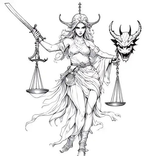 Lady Of Justice Holding A Oni Demon Mask And A Katana Sword Stabbing To The Ground