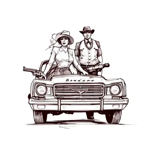 Bonnie And Clyde Clyde Has A Gun Standing In Front Of The Car With Bonnie
