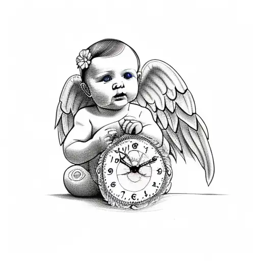 Baby Angel Miscarriage Tattoos With Clock And Flowers