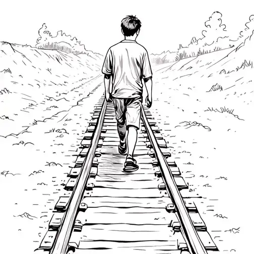A Boy Walking Down The Railroad Track