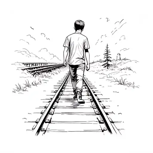 A Boy Walking Down The Railroad Track