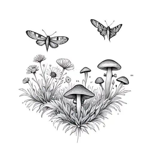 Three Beautiful Moths Wirh Wildflowers With Mushrooms