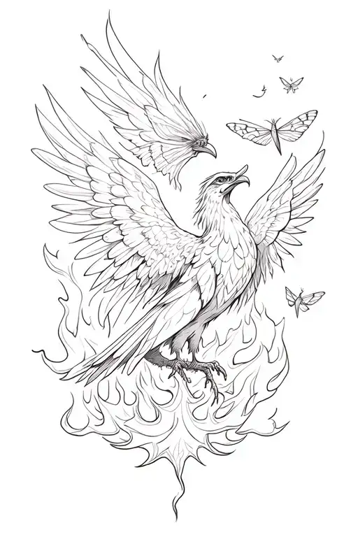 Phoenix Rising From Flames With Large Moths Flying Around Its Head