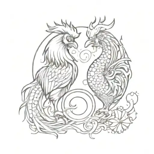 A Sketch Of A Rooster And Dragon Facing Each Other In A Yin And Yang Style For Your Forearm