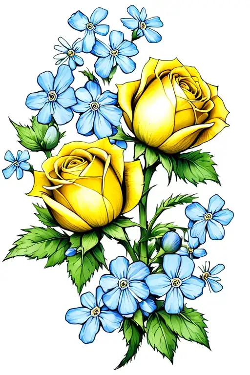 Yellow Rose Buds With Forget Me Not Flowers Intertwined
