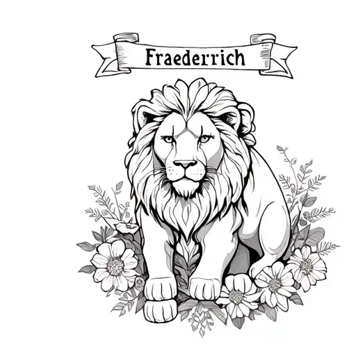 Lion Surrounded By Flowers With A Banner On Top Saying Fraederich