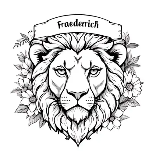 Lion Head Surrounded By Flowers With A Banner On Top Saying Fraederich
