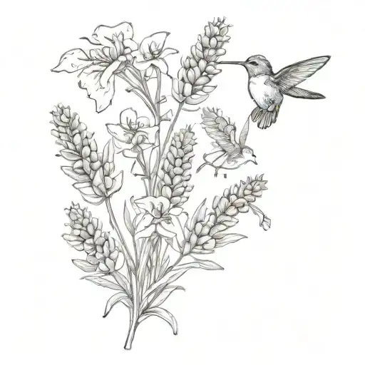 Bunch Of Lavender With A Hummingbird Hovering