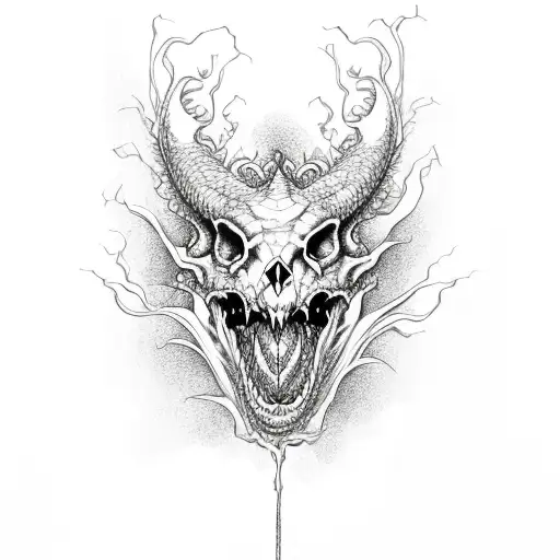 Dragon Skull Engulfed In Swirling Rose Vines