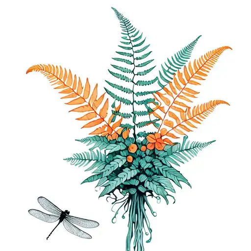 Color Fern Boquet With Dragonfly