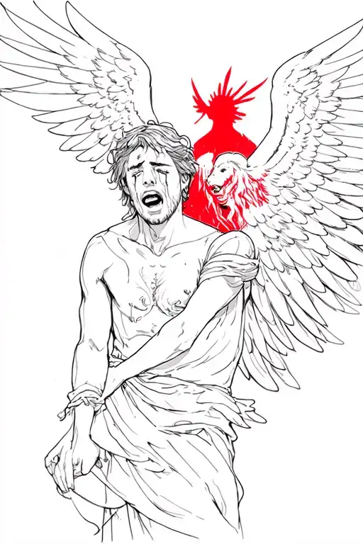 Man Crying While There's Red In The Background And His Guardian Angel Is Watching Over Him