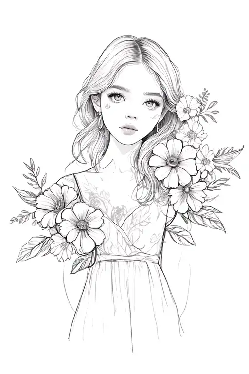 Flowers With Girl Wearing