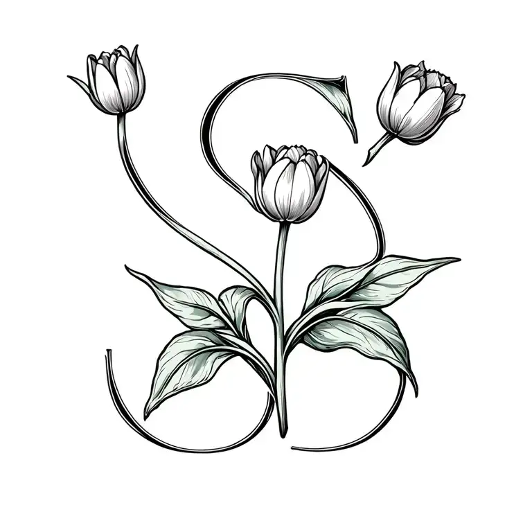 Letter S In Italics With A Tulip Growing Into The Bottom Of The S With Leaves And A Stem