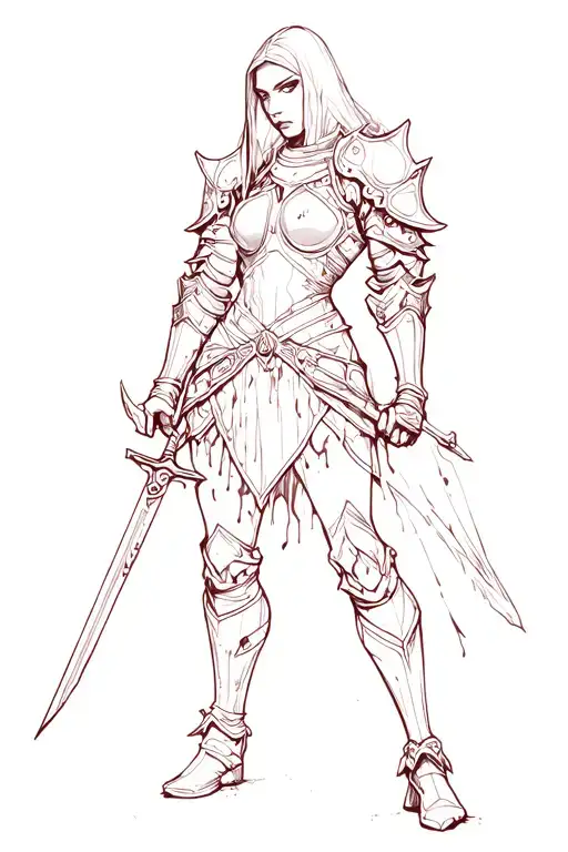 Female Fighter In A Bloody Armor Holding A Sword