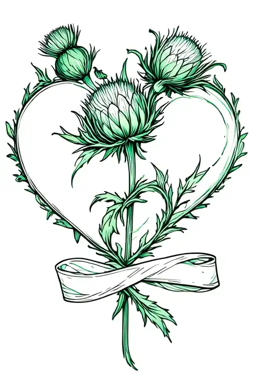 Green Heart And Thistle Flower With Ribbon Wrapped