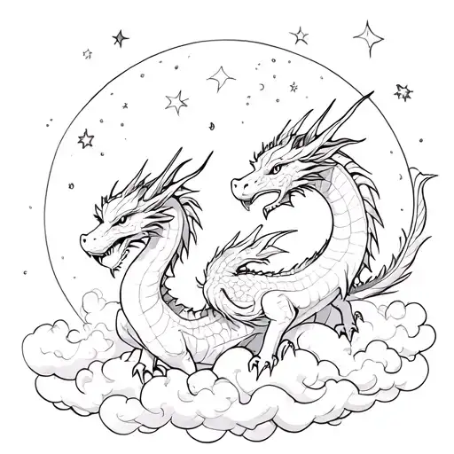 Two Dragons In The Moonlight With Clouds And Stars