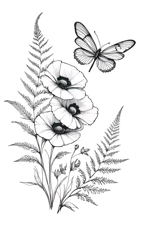 Poppies Fern Leafs Butterfly Dragonfly