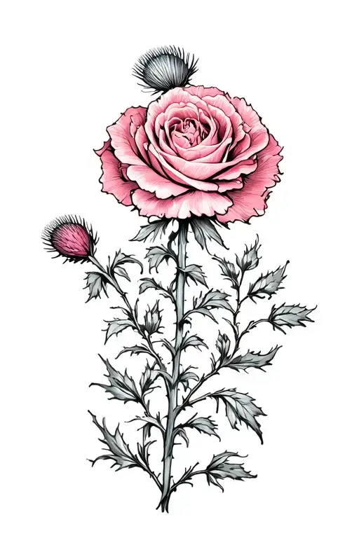 Carnations Roses Thistle Flower Spine Tattoo Design