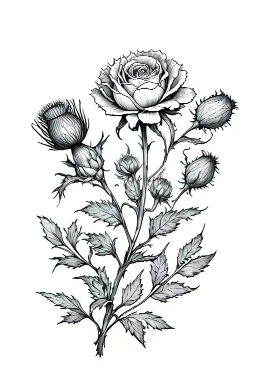Carnations Roses Thistle Flower Spine Tattoo Design Small